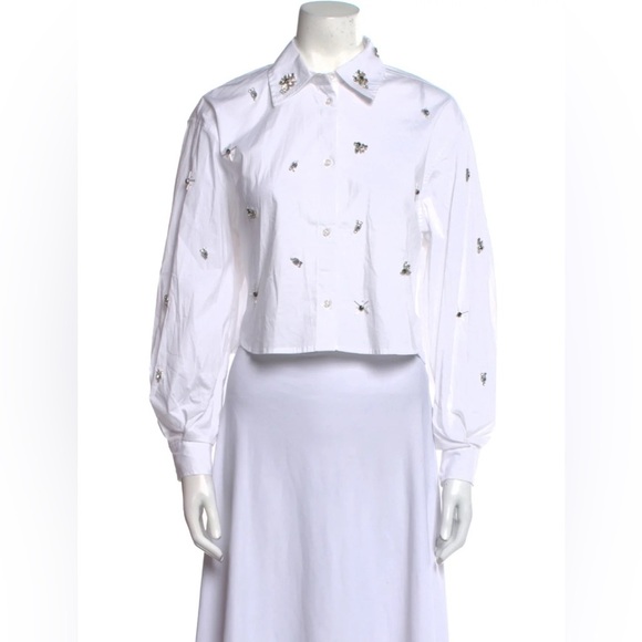 NWT Jason Wu White Button-Up Crop Shirt with Jewel Bead Details - Picture 1 of 11